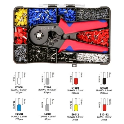 Kleine handmatige krimptang met diverse soorten adereindhulzen 1200 stuks huishoudelijke elektrische geïsoleerde mini draad adereindhuls buisvormige klemmen tang kit