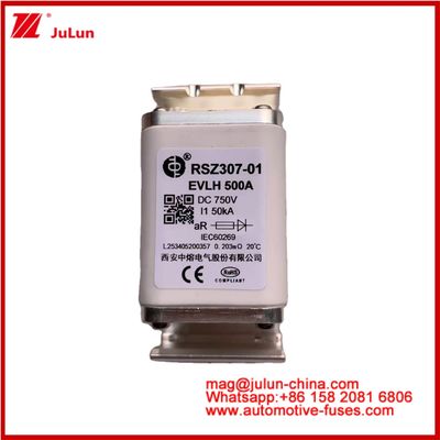 RSZ307-01 EVLH 500A 750VDC FUSE 50KA Vierkante Keramische Autoladers Elektrische voertuigapparaten en apparatuur Kleine grootte Lage smeltkwaliteit I2t Waarde Hoge breekcapaciteit Energie